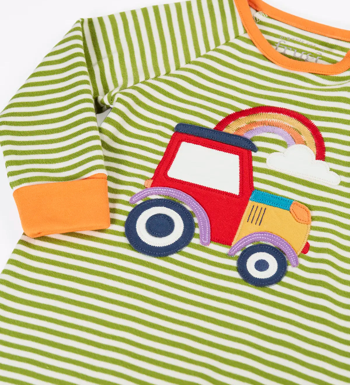 Frugi GOTS 100% organic cotton romper in green and white stripe and a red tractor and rainbow applique on the front. Fold over cuffs on arms and legs for extended wear.