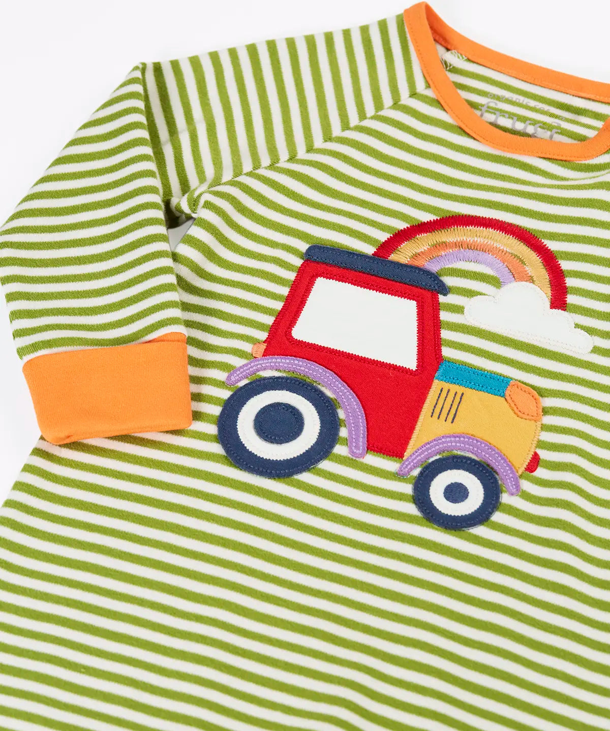 Frugi GOTS 100% organic cotton romper in green and white stripe and a red tractor and rainbow applique on the front. Fold over cuffs on arms and legs for extended wear.