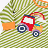 Frugi GOTS 100% organic cotton romper in green and white stripe and a red tractor and rainbow applique on the front. Fold over cuffs on arms and legs for extended wear.
