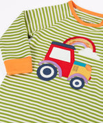 Frugi GOTS 100% organic cotton romper in green and white stripe and a red tractor and rainbow applique on the front. Fold over cuffs on arms and legs for extended wear.