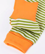 Frugi GOTS 100% organic cotton romper in green and white stripe showing a close up of the fold over cuffs for extended wear.