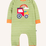Frugi Rowan romper with green and white strath stripe ans a red tractor and rainbow applique on the front. Fold over cuffs on arms and legs for extended wear.