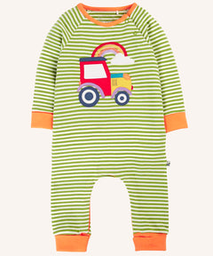 Frugi Rowan romper with green and white strath stripe ans a red tractor and rainbow applique on the front. Fold over cuffs on arms and legs for extended wear.