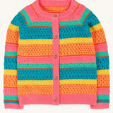 Frugi kids rowe rainbow cardigan in rainbow/pointelle available at Babipur. A GOTS organic cotton soft knitted style cardigan with a bold pastel striped inspired design and pink trim. Features full length button fasteners