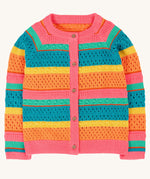 Frugi kids rowe rainbow cardigan in rainbow/pointelle available at Babipur. A GOTS organic cotton soft knitted style cardigan with a bold pastel striped inspired design and pink trim. Features full length button fasteners