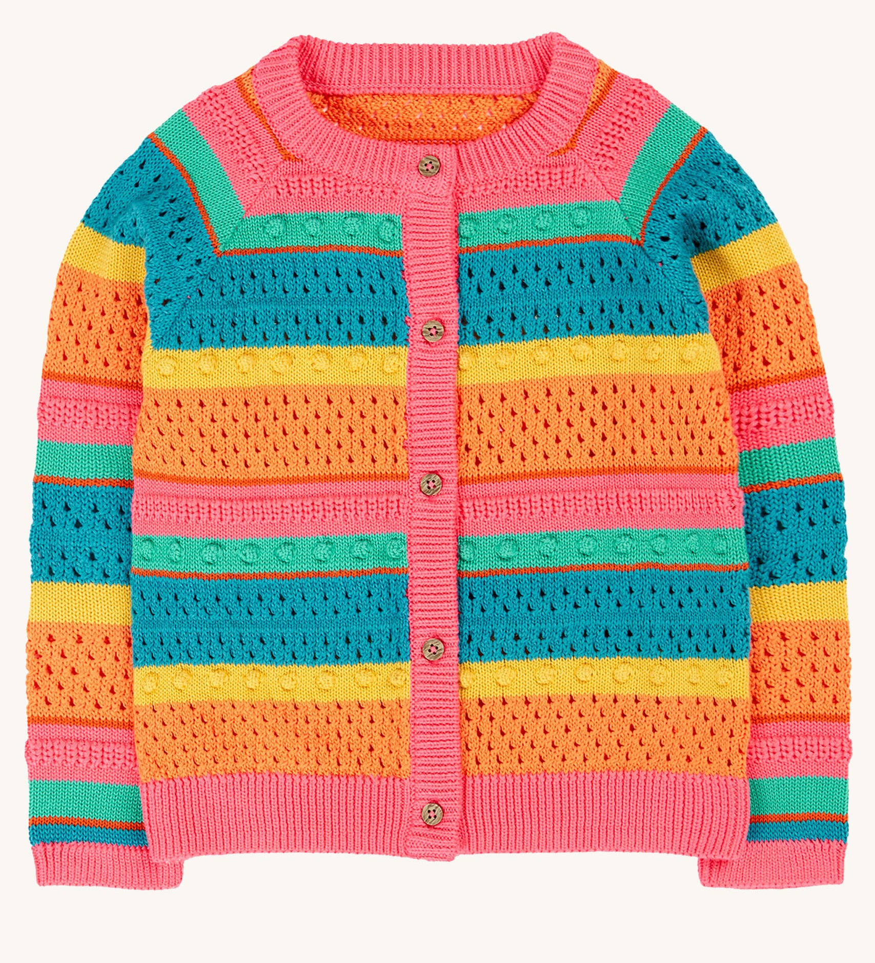 Frugi kids rowe rainbow cardigan in rainbow/pointelle available at Babipur. A GOTS organic cotton soft knitted style cardigan with a bold pastel striped inspired design and pink trim. Features full length button fasteners