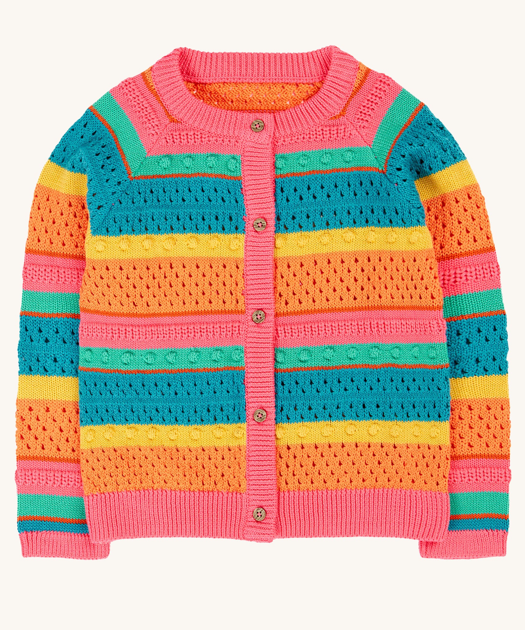 Frugi kids rowe rainbow cardigan in rainbow/pointelle available at Babipur. A GOTS organic cotton soft knitted style cardigan with a bold pastel striped inspired design and pink trim. Features full length button fasteners