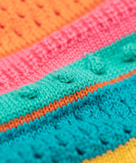 A close up of the Frugi kids rowe rainbow cardigan in rainbow/pointelle showing the soft knit pom pom pattern detail