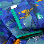 The Safari animal print on the Frugi Children's Reversible Toasty Trail Jacket - Safari Camo