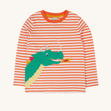 Frugi Salamander Stripe Dragon Discovery Circular Top. This orange and white striped top has a green coloured dragon applique detail on the front. This top is a part of a wide range of organic cotton clothing for children available here at Babipur. 
