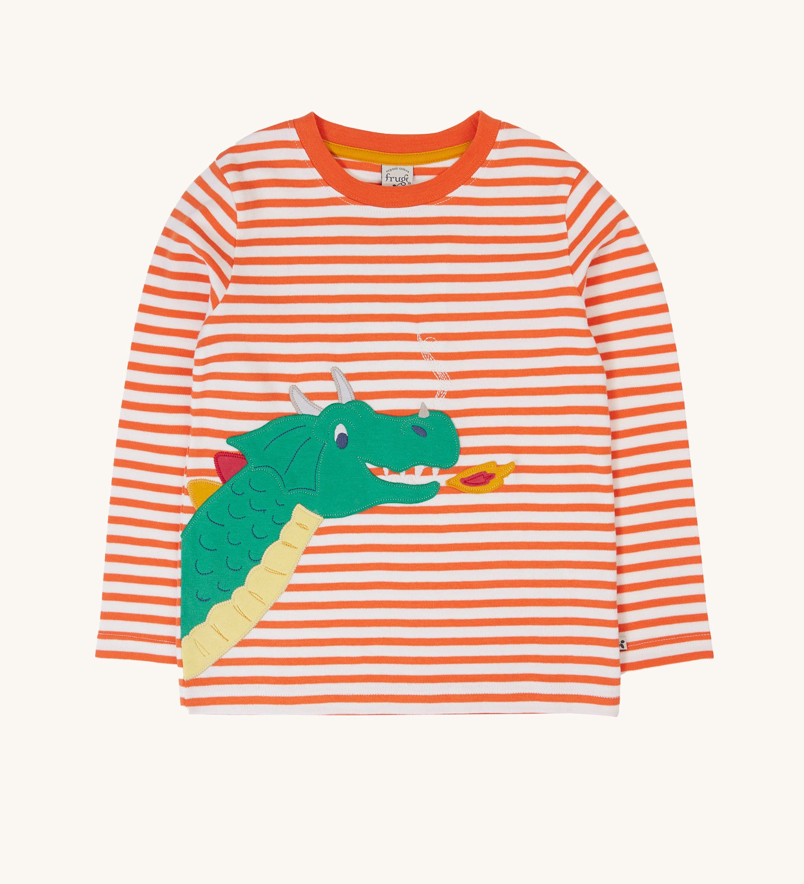 Frugi Salamander Stripe Dragon Discovery Circular Top. This orange and white striped top has a green coloured dragon applique detail on the front. This top is a part of a wide range of organic cotton clothing for children available here at Babipur. 
