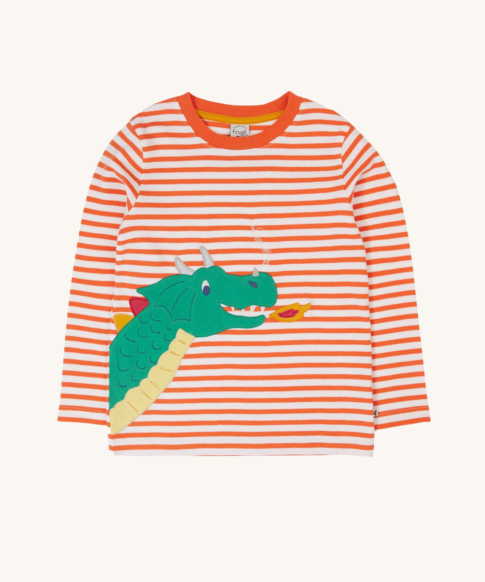 Frugi Salamander Stripe Dragon Discovery Circular Top. This orange and white striped top has a green coloured dragon applique detail on the front. This top is a part of a wide range of organic cotton clothing for children available here at Babipur. 
