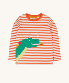 Frugi Salamander Stripe Dragon Discovery Circular Top. This orange and white striped top has a green coloured dragon applique detail on the front. This top is a part of a wide range of organic cotton clothing for children available here at Babipur. 
