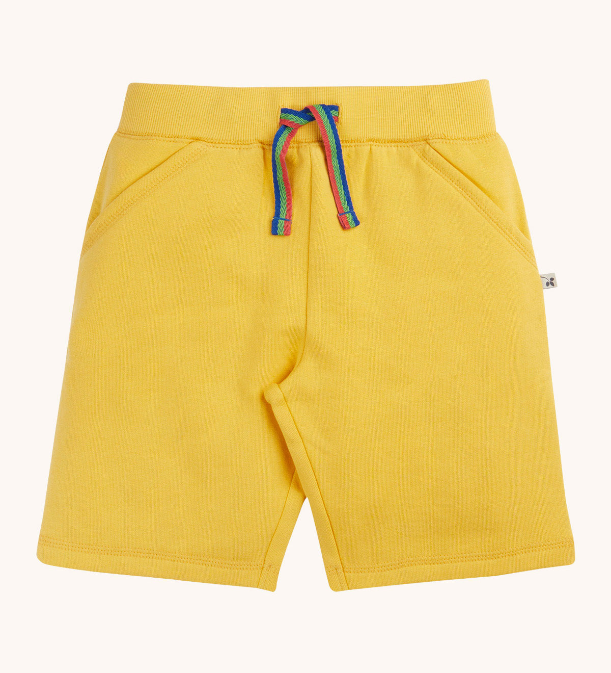 Frugi Bumblebee yellow Organic Cotton Samson Summer Shorts with rainbow stripe waist tie and two side pockets.