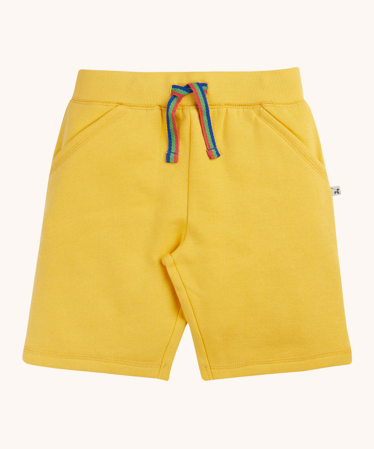 Frugi Bumblebee yellow Organic Cotton Samson Summer Shorts with rainbow stripe waist tie and two side pockets.
