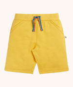 Frugi Bumblebee yellow Organic Cotton Samson Summer Shorts with rainbow stripe waist tie and two side pockets.
