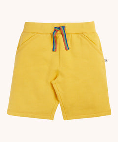 Frugi Bumblebee yellow Organic Cotton Samson Summer Shorts with rainbow stripe waist tie and two side pockets.