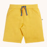 Frugi Bumblebee yellow Organic Cotton Samson Summer Shorts with rainbow stripe waist tie and two side pockets.