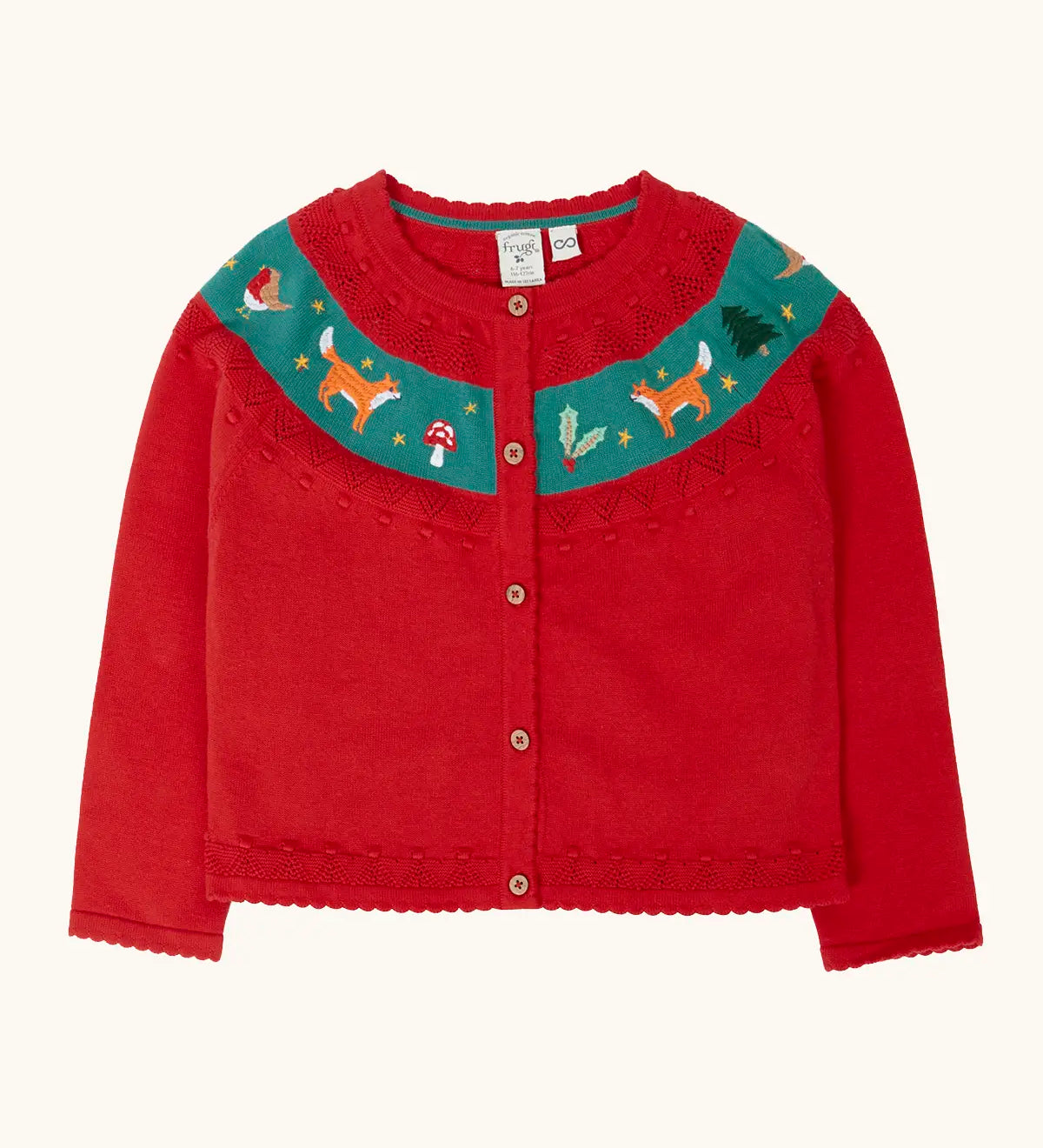 Frugi scarlet red organic cotton ishbel embroidered fox cardigan. Red knit child's cardigan with a teal band from shoulder to shoulder decorated with embroidered foxes, holly, toadstools and trees.