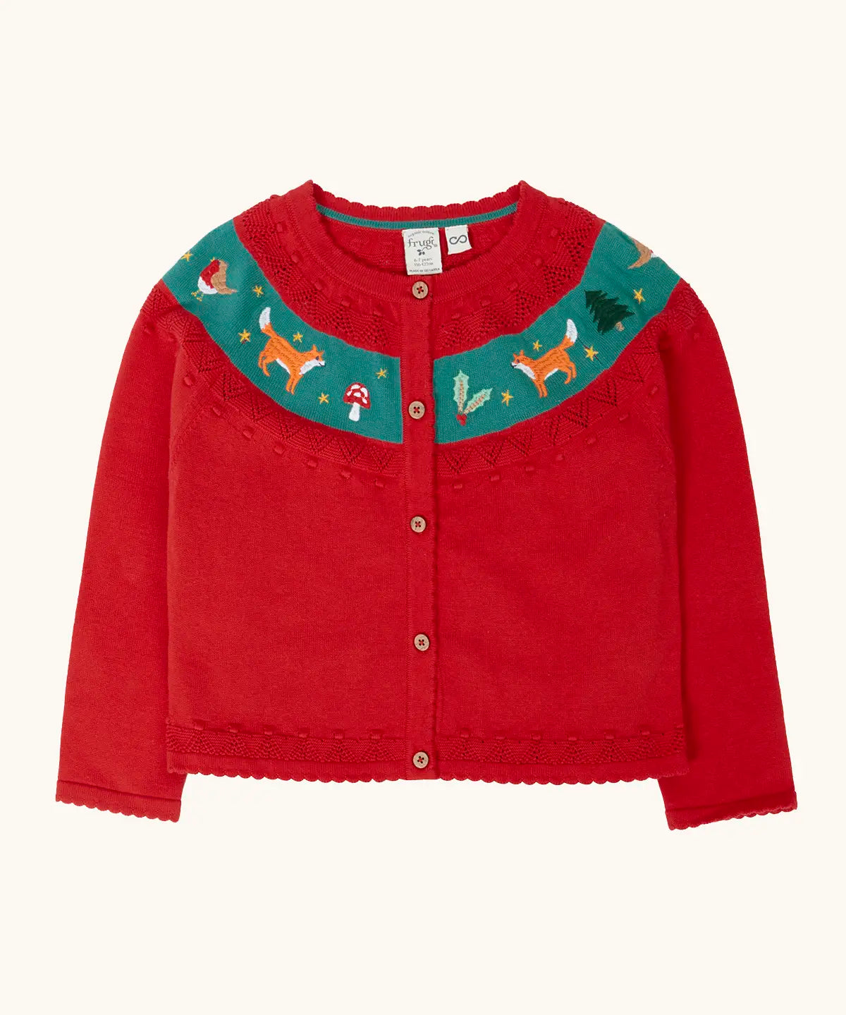 Frugi scarlet red organic cotton ishbel embroidered fox cardigan. Red knit child's cardigan with a teal band from shoulder to shoulder decorated with embroidered foxes, holly, toadstools and trees.