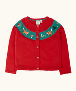 Frugi scarlet red organic cotton ishbel embroidered fox cardigan. Red knit child's cardigan with a teal band from shoulder to shoulder decorated with embroidered foxes, holly, toadstools and trees.
