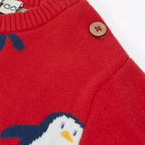 Close up of the wooden buttons on the shoulder of the Frugi scarlet penguins organic cotton jolly knitted jumper. Red knitted jumper with repeat penguin print and rainbow stripe hemline and arm cuffs.