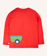 Back of the Frugi Scout circular t-shirt in a scarlet red with a green trailer applique on the back with a wrap around tractor design.