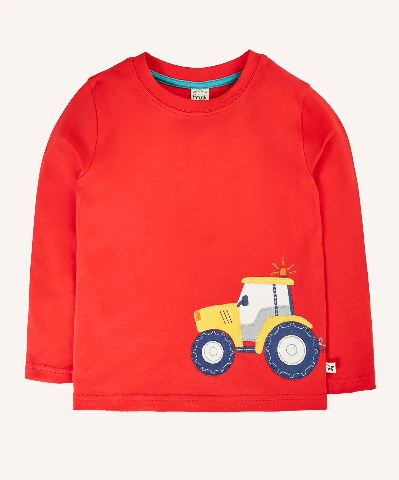 Frugi Scout circular t-shirt in a scarlet red with a yellow tractor applique on the front with a wrap around trailer design.