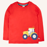 Frugi Scout circular t-shirt in a scarlet red with a yellow tractor applique on the front with a wrap around trailer design.