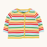 Frugi rainbow striped cardigan with yellow trim from the scrumptios babygrow set. A 100% GOTS organic cotton cardigan with popper fasteners.