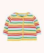 Frugi rainbow striped cardigan with yellow trim from the scrumptios babygrow set. A 100% GOTS organic cotton cardigan with popper fasteners.