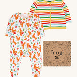 Frugi scrumptios babygrow set in squirrel friends available at Babipur. A 100% GOTS organic cotton set including a white babygrow with playful squirrel prints and a rainbow striped cardigan. 