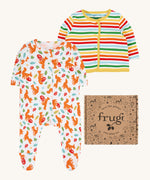 Frugi scrumptios babygrow set in squirrel friends available at Babipur. A 100% GOTS organic cotton set including a white babygrow with playful squirrel prints and a rainbow striped cardigan. 