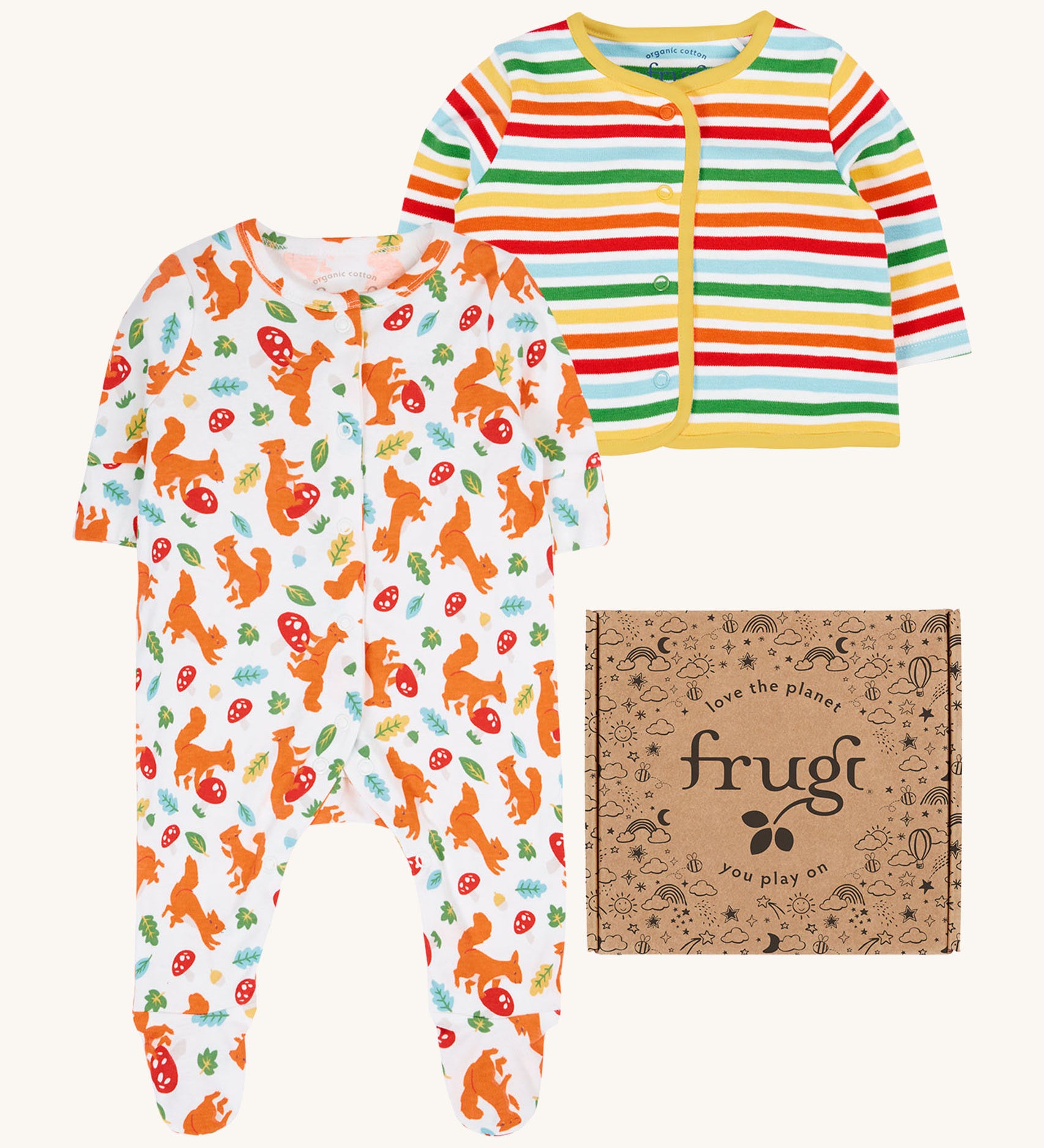 Frugi scrumptios babygrow set in squirrel friends available at Babipur. A 100% GOTS organic cotton set including a white babygrow with playful squirrel prints and a rainbow striped cardigan. 