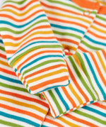 Close up of the fold over mitt cuffs on the stripe sleepsuit from the Frugi scrumptious babygrow gift set.