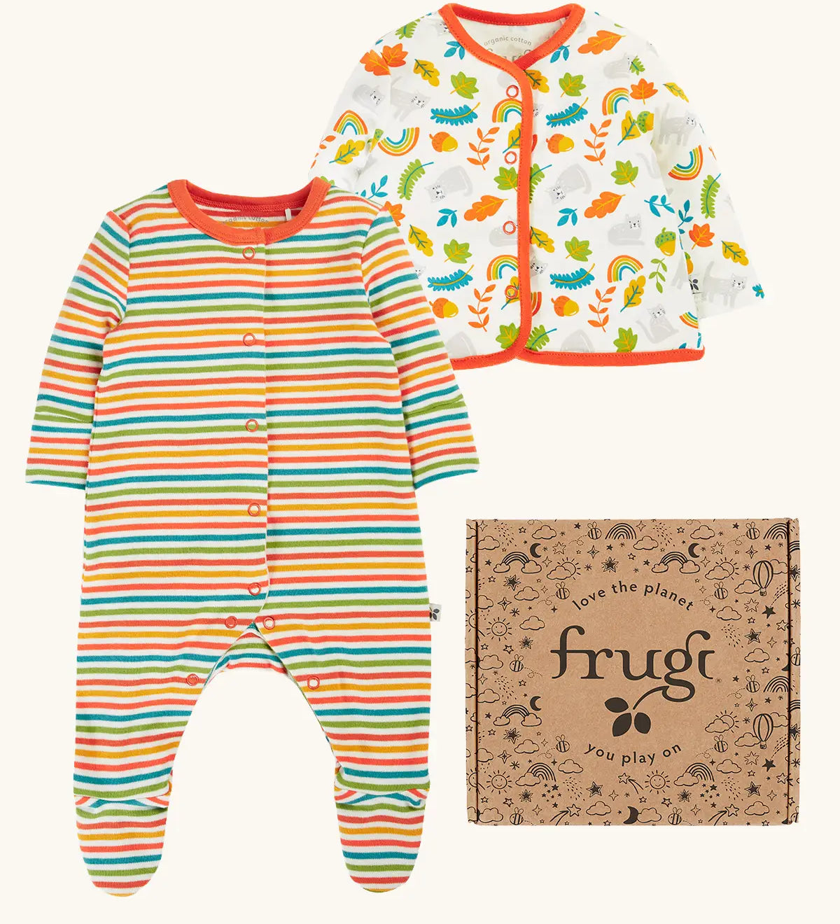 Frugi scrumptious babygrow gift set with a rainbow stripe footed sleepsuit and wild cat print cardigan presented in a cardboard gift box. 