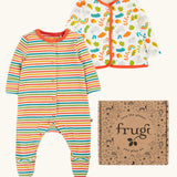 Frugi scrumptious babygrow gift set with a rainbow stripe footed sleepsuit and wild cat print cardigan presented in a cardboard gift box. 