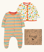 Frugi scrumptious babygrow gift set with a rainbow stripe footed sleepsuit and wild cat print cardigan presented in a cardboard gift box. 