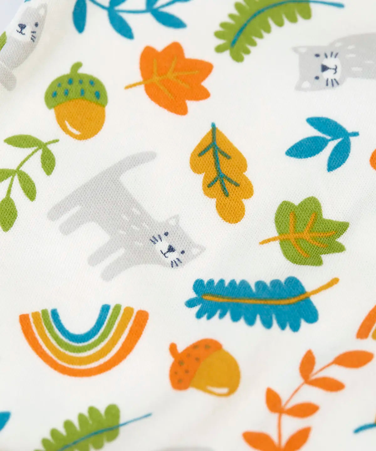 Close up of the Wild cats print featured on the cardigan from the Frugi scrumptious babygrow gift set.