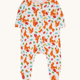 Frugi white babygrow with playful squirrel prints from the scrumptious babygrow set A 100% GOTS organic white cotton all in one  with popper fasteners.