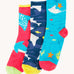 Frugi pack of three sealife themed bamboo children's socks with roll tops. One blue pair with sting rays, one navy blue with sharks and one pink with rays and sharks.