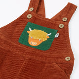 Frugi brown rust organic cotton cord dungaree laid flat showing close up of the adjustable shoulder straps with buttons