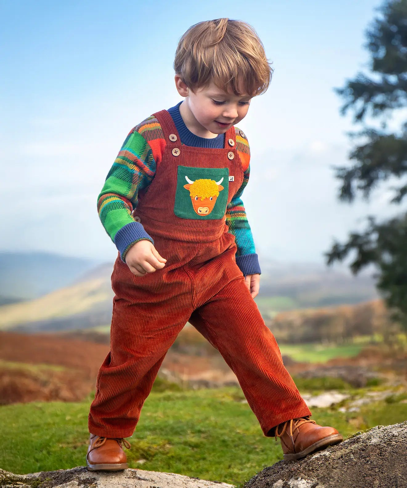 Child wearing the Frugi sebby brown rust organic cotton cord dungaree with a green chest pocket featuring a highland cow applique with a knitted jumper underneath.
