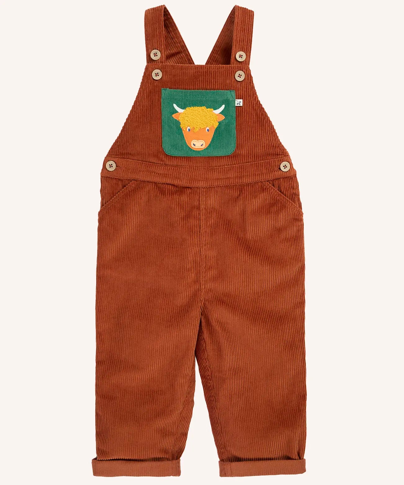 Frugi sebby brown rust organic cotton cord dungaree with a green chest pocket featuring a highland cow applique.