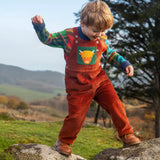 Child wearing the Frugi sebby brown rust organic cotton cord dungaree with a green chest pocket featuring a highland cow applique with a knitted jumper underneath.