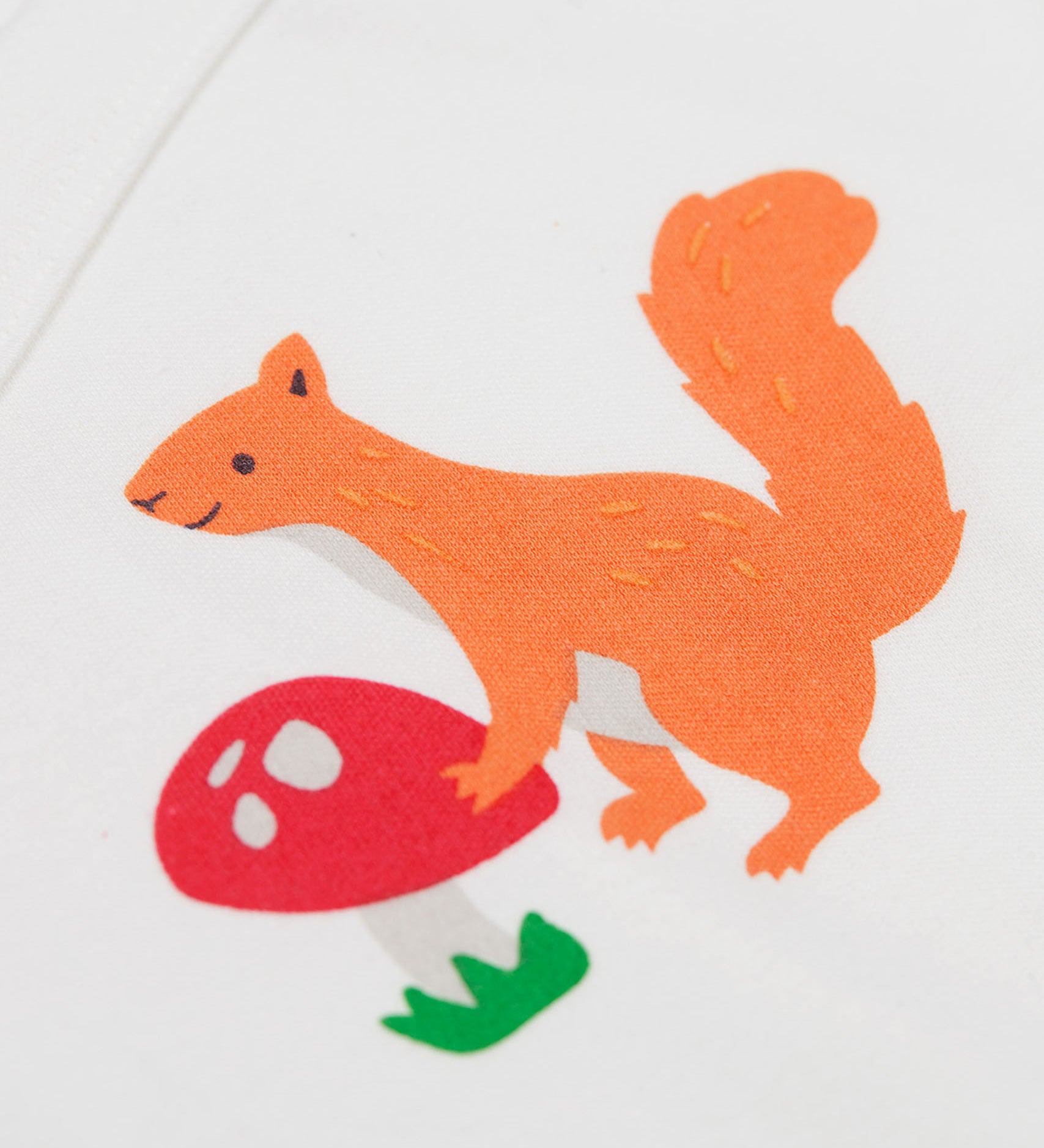 A close up of the Frugi shay body 2 pack in squirrel play/soft white showing the cute playful squirrel print detail on white organic cotton fabric.