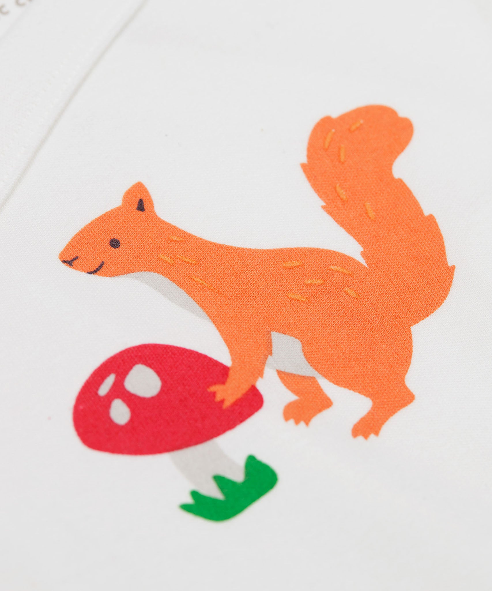 A close up of the Frugi shay body 2 pack in squirrel play/soft white showing the cute playful squirrel print detail on white organic cotton fabric.