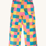 The trousers from the Frugi rainbow check snow and ski salopettes showing the adjustable waistband and combat style side pockets