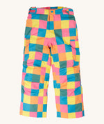 The trousers from the Frugi rainbow check snow and ski salopettes showing the adjustable waistband and combat style side pockets