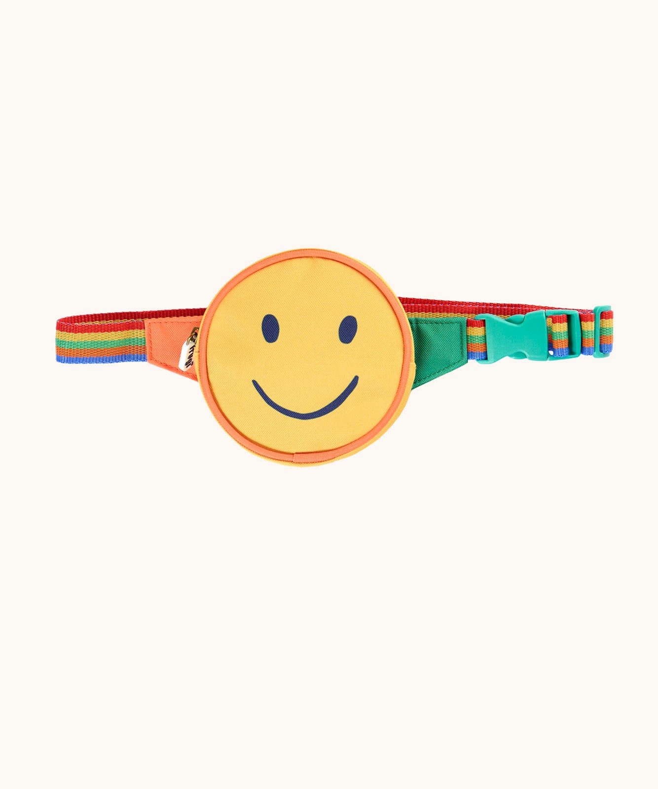 Frugi happy smiley face children's belt bag. A circular shaped yellow back decorated with a smiley face on a rainbow coloured strap with claps closure. 